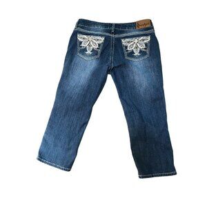 S-Curves by Soundgirl Denim Jean Capri Pants Womens 7/8 Bling Pockets Embroidery